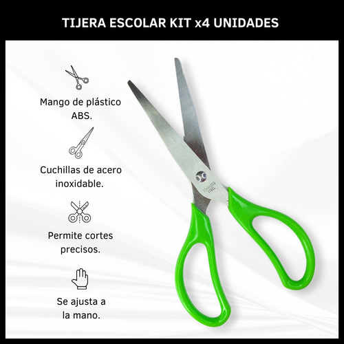Tijera Escolar Acero Inoxidable Multifunción Pack 4 Unidades