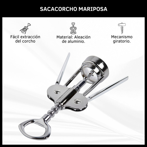 Sacacorcho Doble Aletas Mariposa Destapador Lata Giratorio