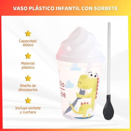 Vaso Plástico Niños Infantil Con Cuchara Y Sorbete 400ml 