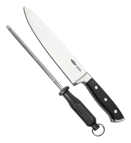 Set De Cuchillo Y Chaira De Acero Inoxidable Mango Abs 33cm 