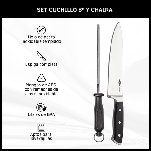 Set De Cuchillo Y Chaira De Acero Inoxidable Mango Abs 33cm 