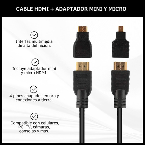 Cable Hdmi 3 En 1 Adaptadores Micro Y Mini Hdmi 1,5 Metros 
