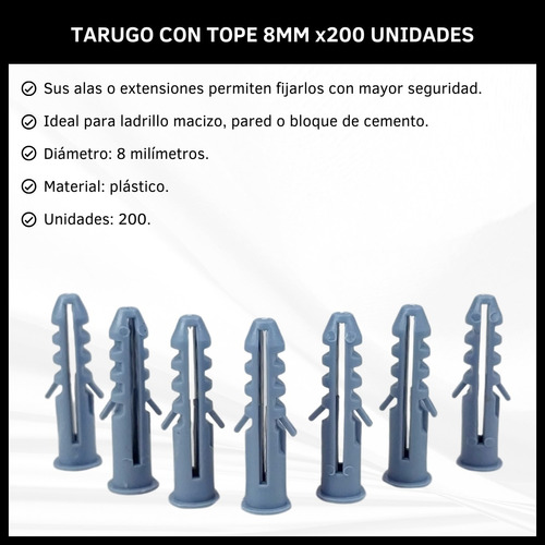 Tarugos Con Tope Para Pared De 8mm En Caja X200 Unidades