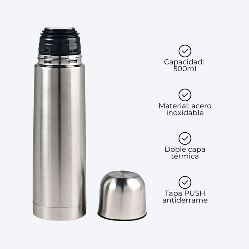Termo 500ml Bala Acero Inoxidable Tapón Push Cover Sunlight Plateado
