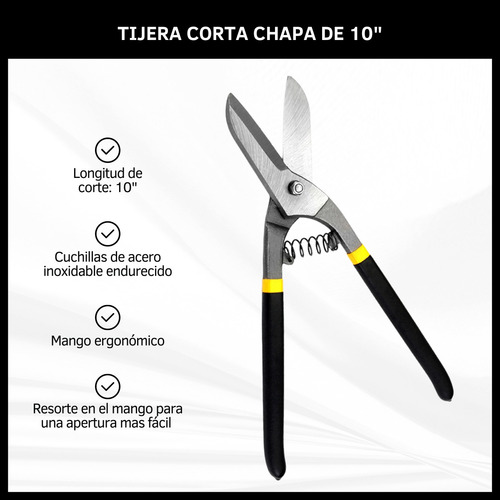 Tijera Corta Chapa 10 Pulgadas Resorte Mango Antideslizante