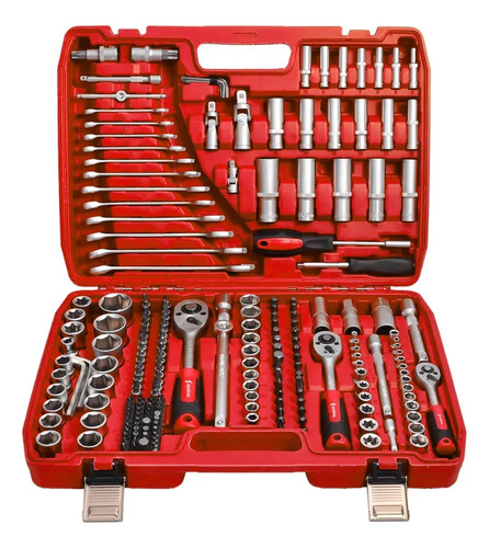 Caja Set Herramientas Llaves Tubo 216 Piezas Cromo Vanadio Rojo