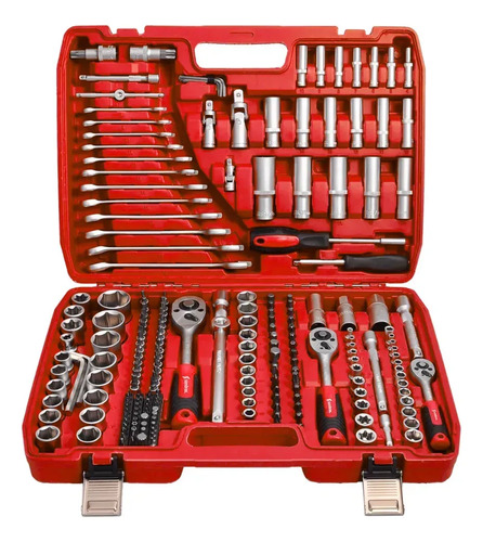 Caja Set Herramientas Llaves Tubo 216 Piezas Cromo Vanadio Rojo