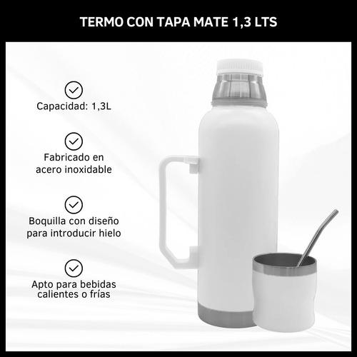Termo Acero Inoxidable 1,3l Tapa Mate Bombilla Tapón Cebador