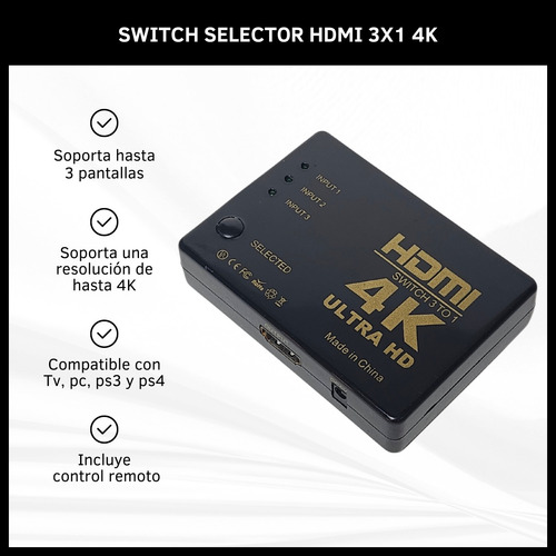 Switch Selector Hdmi 3x1 Pc Televisor Dvd Ps3 Definición 4k 