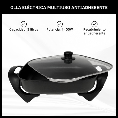 Olla Eléctrica Sartén Multiuso Cuadrada Antiadherente Dinax Negro