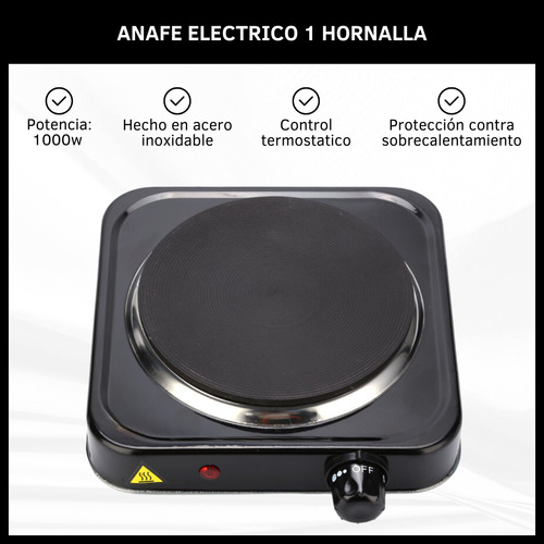Anafe Eléctrico 1 Hornalla 1000w Acero Termostato Regulable
