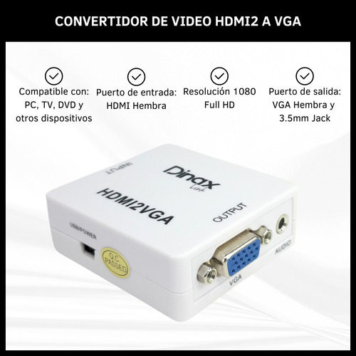Adaptador Convertidor De Video Hdmi A Vga 1080p Full Hd     
