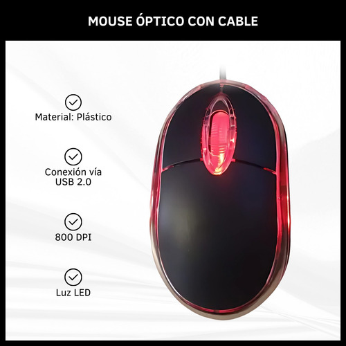 Mouse Óptico 800 Dpi Con Cable Conexión Usb 2.0 Luces Led
