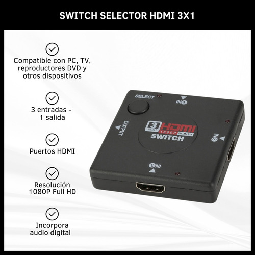 Switch Hdmi Adaptador Divisor 3 Entradas 1 Salida Tv Pc Dvd 