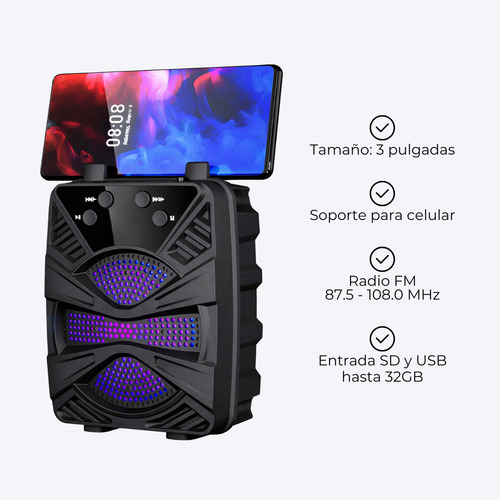 Parlante Inalámbrico Dinax Gts2422 Bluetooth Luces Led 5w Negro