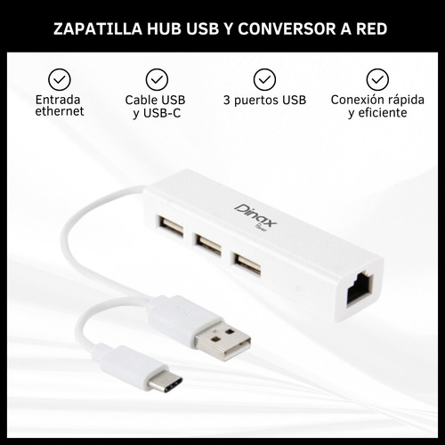 Zapatilla Hub 3 Puertos Usb Y Conversor Usb C A Red Dinax  