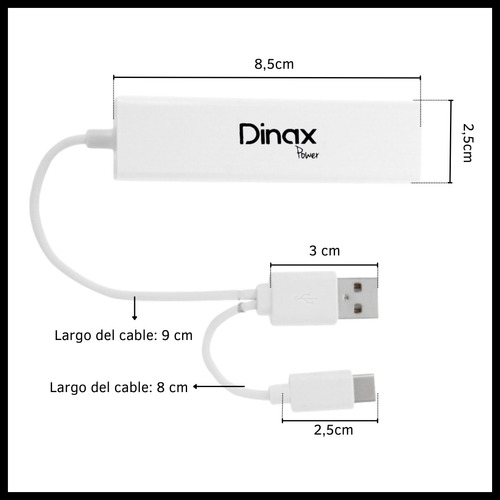 Zapatilla Hub 3 Puertos Usb Y Conversor Usb C A Red Dinax  