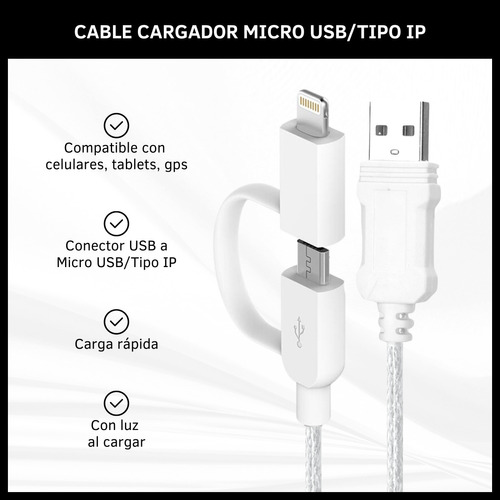 Cable Usb Carga Rápida Conector Ip Y Micro Usb Con Luz Led 