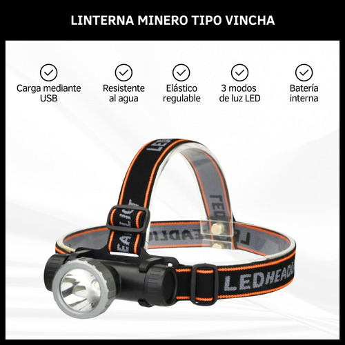 Linterna Minero Vincha Cabeza Luz Recargable Usb Camping