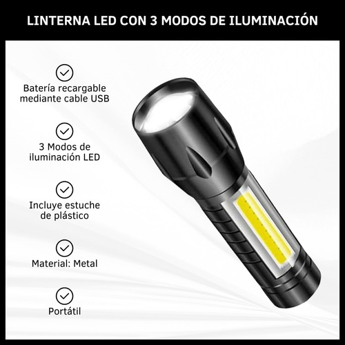 Linterna Led Mini Táctica Metal Recargable Usb 3 Modo De Luz