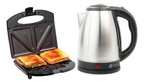 Pava Eléctrica 2lts Acero Inoxidable Y Sandwichera Eléctrica Negro