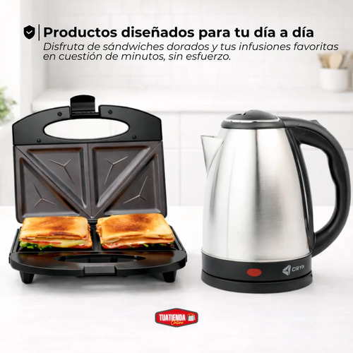 Pava Eléctrica 2lts Acero Inoxidable Y Sandwichera Eléctrica Negro
