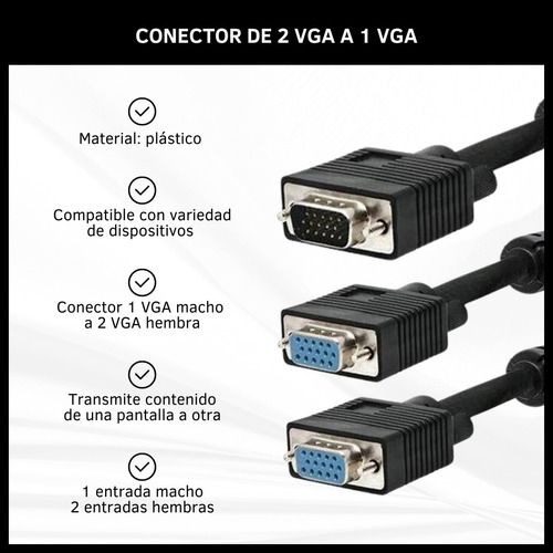 Cable Conector Adaptador Divisor 2 Vga Hembra A 1 Vga Macho