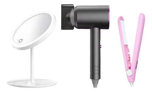 Combo Kit De Secador De Pelo Planchita Y Espejo Touch Led