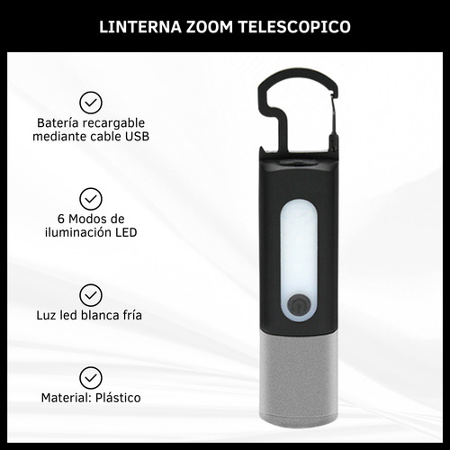 Linterna Táctica Recargable Luz Blanca Fría Zoom Con 6 Modos