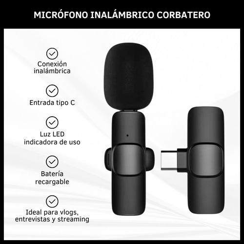 Micrófono Corbatero Inalámbrico Usb Tipo C Lavalier Solapa Negro