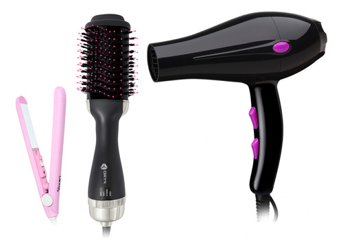 Combo Secador De Pelo Mini Planchita Y Cepillo Alisador
