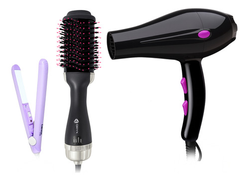Combo Secador De Pelo Mini Planchita Y Cepillo Alisador
