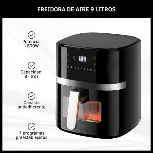 Freidora De Aire Eléctrica Sin Aceite 9 Litros Panel Digital