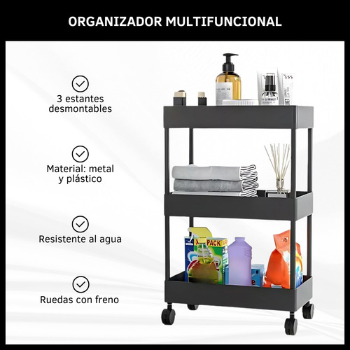 Organizador Auxiliar Multiuso 3 Niveles Estantes Con Ruedas Negro