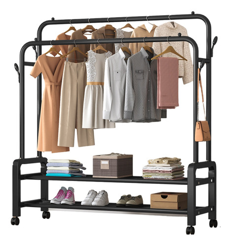 Perchero Metálico Móvil Doble Barral Organizador Con Ruedas Negro