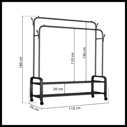 Perchero Metálico Móvil Doble Barral Organizador Con Ruedas Negro