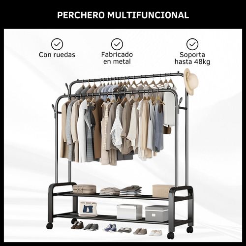 Perchero Metálico Móvil Doble Barral Organizador Con Ruedas Negro