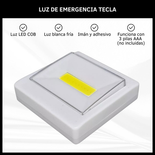 Lámpara Luz Led Cob Tecla Luz Emergencia A Pilas Adhesiva Blanco