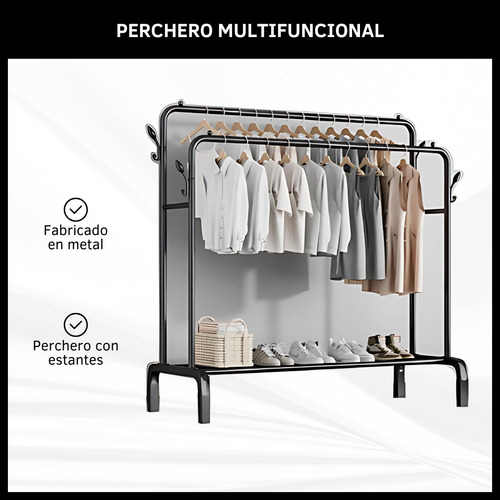 Perchero Organizador Estantes Doble Barral Multifuncional Negro