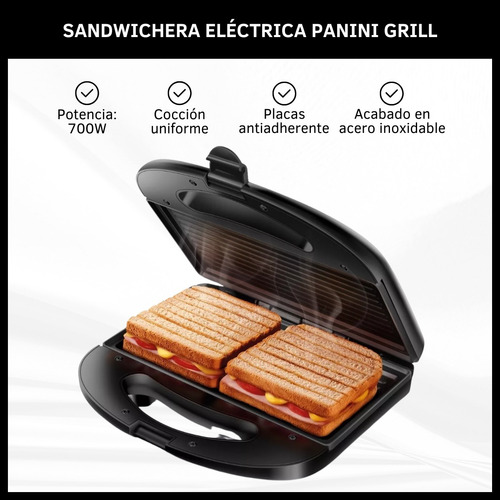Sandwichera Eléctrica Panini Grill Tostadora Antiadherente Negro