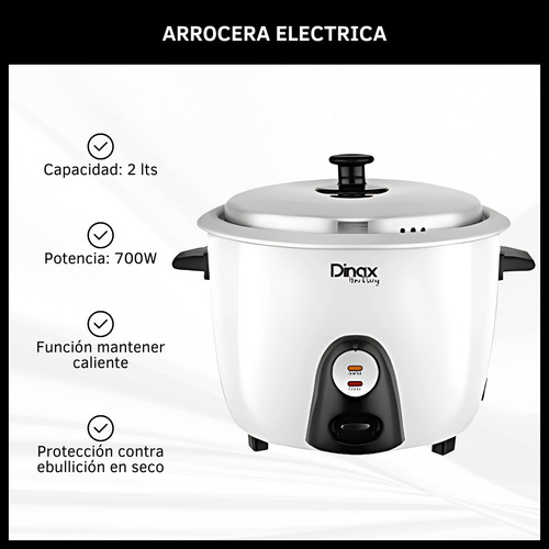 Arrocera Antiadherente Eléctrica Olla Vaporera 700w 2 Litros Blanco 50 60hz