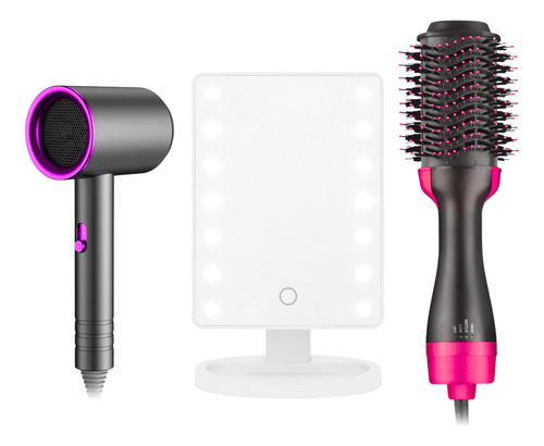 Combo Cepillo Eléctrico Secador De Pelo Y Espejo Con Luz Led