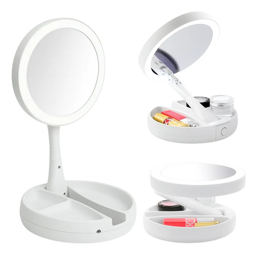 Espejo De Maquillaje Luz Led Aumento Plegable A Pilas Usb Blanco