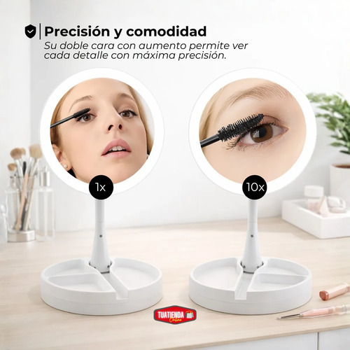 Espejo De Maquillaje Luz Led Aumento Plegable A Pilas Usb Blanco