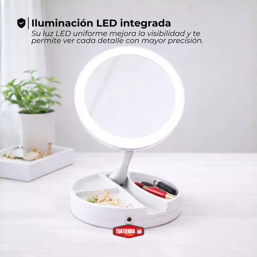 Espejo De Maquillaje Luz Led Aumento Plegable A Pilas Usb Blanco