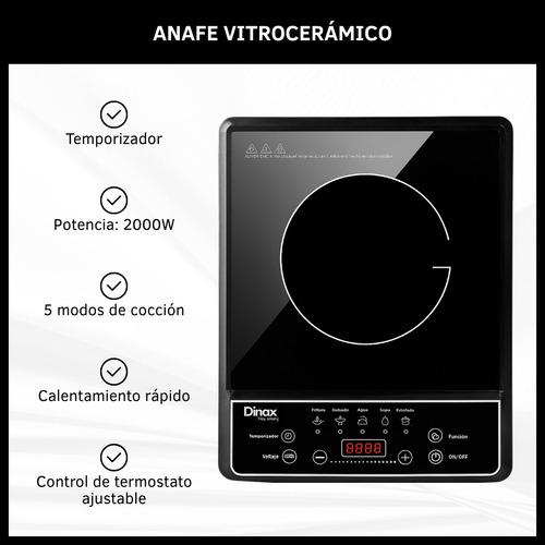 Anafe Eléctrico Vitrocerámico 1 Hornalla 2000w 5 Funciones