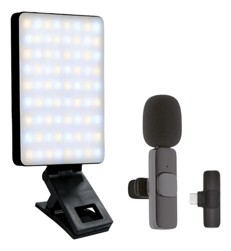 Micrófono Corbatero Luz Led Para Celular Kit Video Streaming Negro