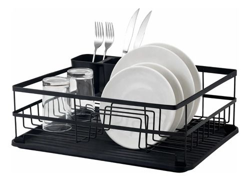 Secaplatos Escurridor Acero Con Bandeja Y Porta Cubiertos Negro
