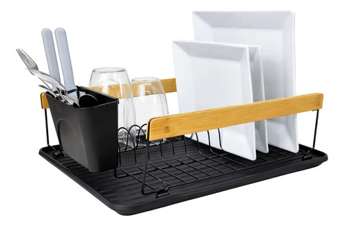 Escurridor Secaplatos Con Bandeja Cubiertos Platos Acero Negro