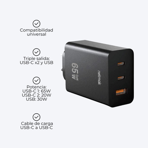 Cargador Carga Ultra Rápida 65w Cable Usb-c Adaptador Triple